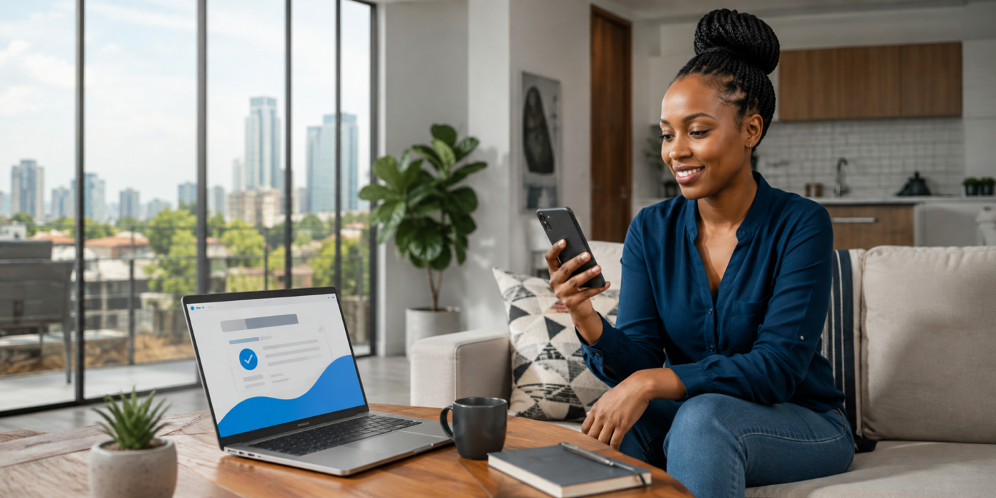 A customer using PayBetter on her phone beside a laptop